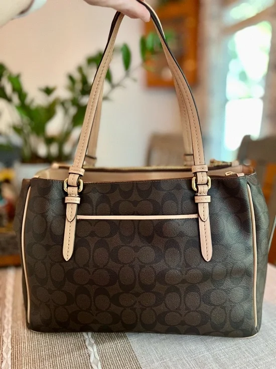 🤎Coach Signature Brown Canvas Tote Tan Leather Trim Shoulder Bag Zip Top - Picture 4 of 16